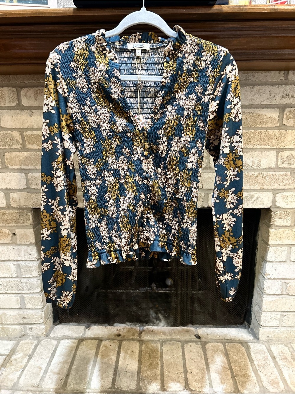 Gimmicks Floral Smocked V-Neck Blouse in Teal & Mustard